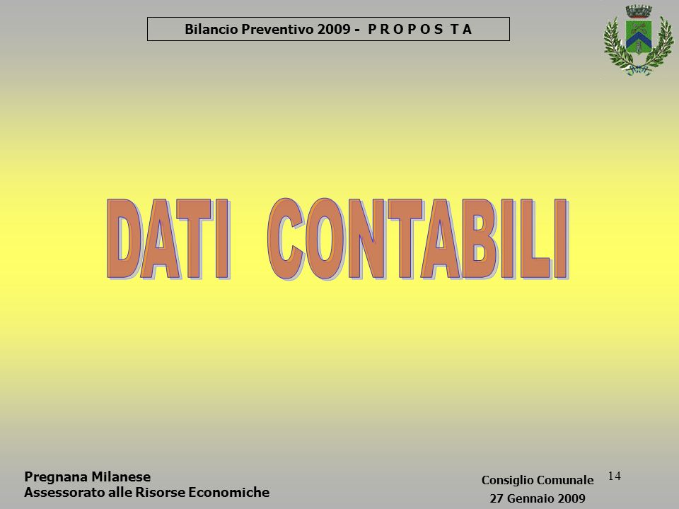 14 Pregnana Milanese Assessorato alle Risorse Economiche Bilancio Preventivo P R O P O S T A Consiglio Comunale 27 Gennaio 2009