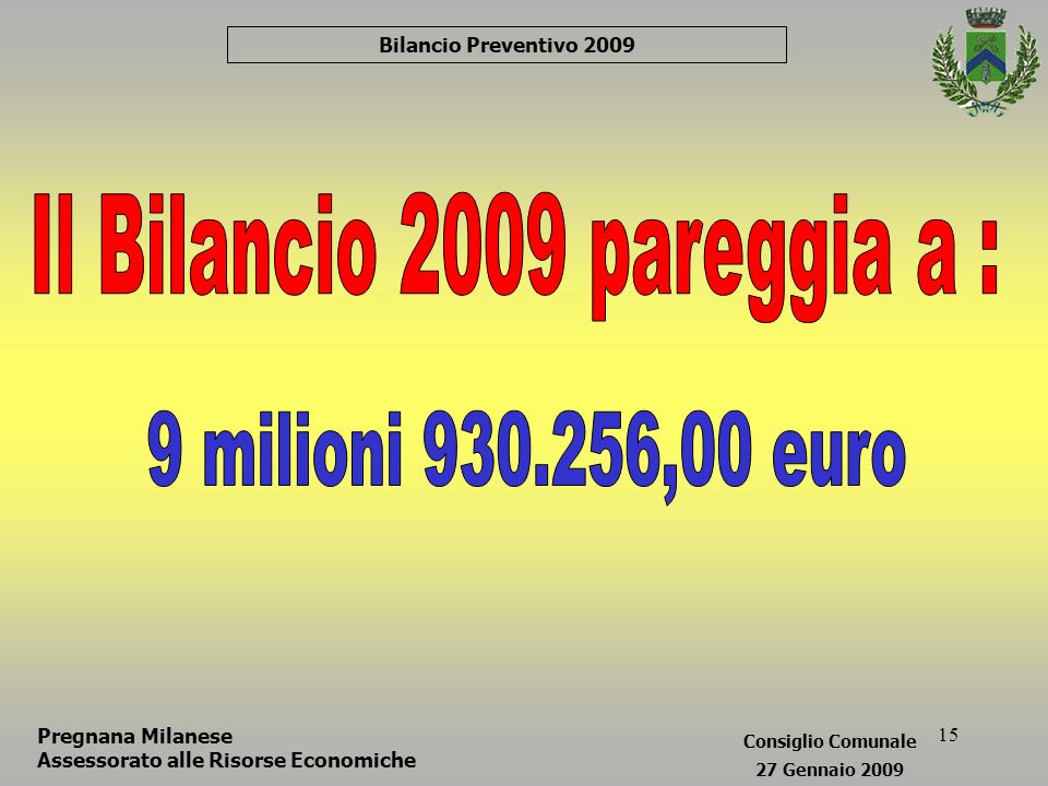 15 Pregnana Milanese Assessorato alle Risorse Economiche Bilancio Preventivo 2009 Consiglio Comunale 27 Gennaio 2009