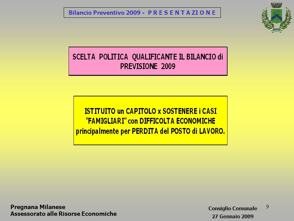 9 Bilancio Preventivo P R E S E N T A ZI O N E Pregnana Milanese Assessorato alle Risorse Economiche Consiglio Comunale 27 Gennaio 2009