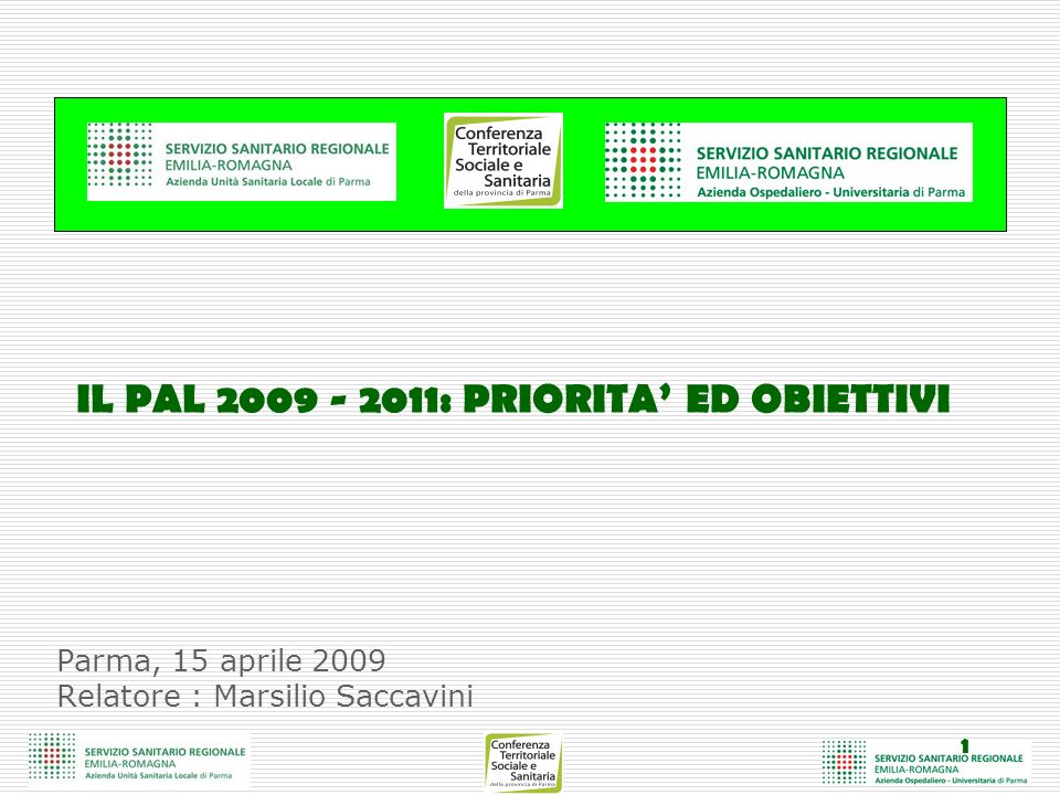 1 Parma, 15 aprile 2009 Relatore : Marsilio Saccavini IL PAL : PRIORITA ED OBIETTIVI