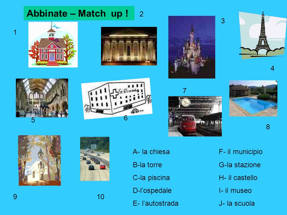 A- la chiesaF- il municipio B-la torreG-la stazione C-la piscinaH- il castello D-lospedaleI- il museo E- lautostradaJ- la scuola Abbinate – Match up .