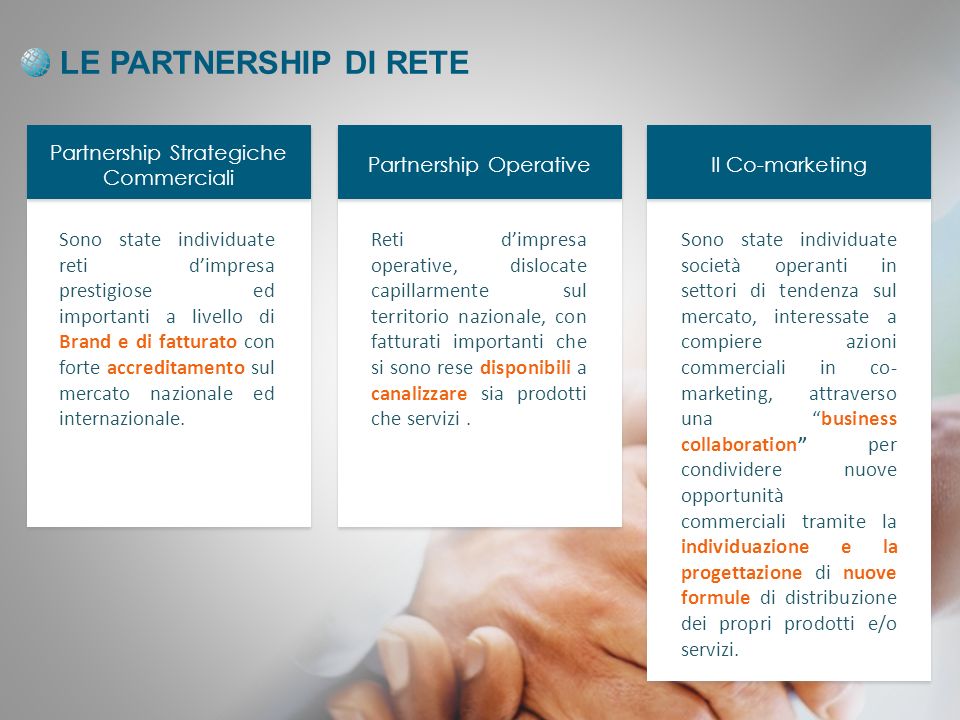 LE PARTNERSHIP DI RETE Partnership Strategiche Commerciali Partnership Operative Il Co-marketing Sono state individuate reti dimpresa prestigiose ed importanti a livello di Brand e di fatturato con forte accreditamento sul mercato nazionale ed internazionale.