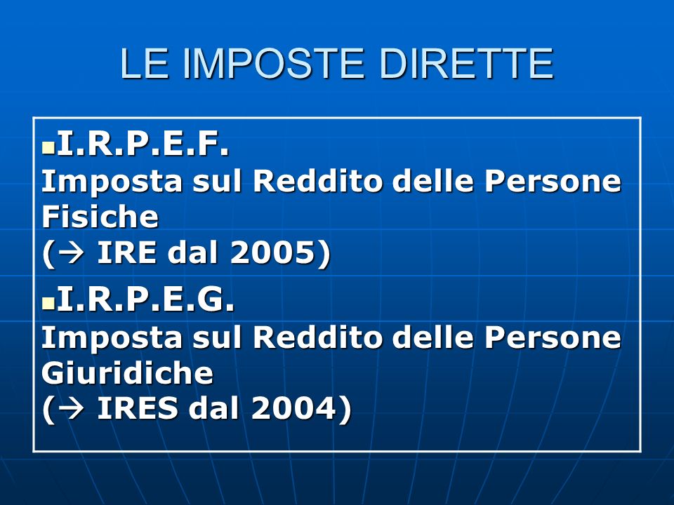 LE IMPOSTE DIRETTE I.R.P.E.F. Imposta sul Reddito delle Persone Fisiche ( IRE dal 2005) I.R.P.E.F.