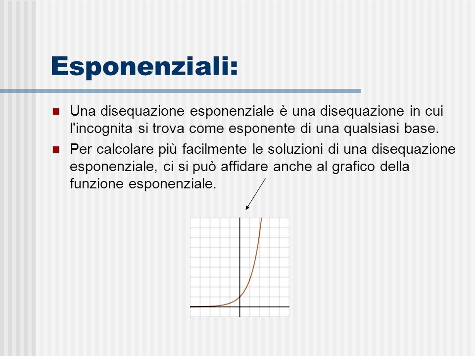 Esponenziali: Una disequazione esponenziale è una disequazione in cui l incognita si trova come esponente di una qualsiasi base.