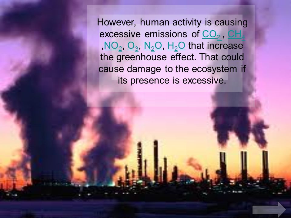 However, human activity is causing excessive emissions of CO 2, CH 4,NO 2, O 3, N 2 O, H 2 O that increase the greenhouse effect.