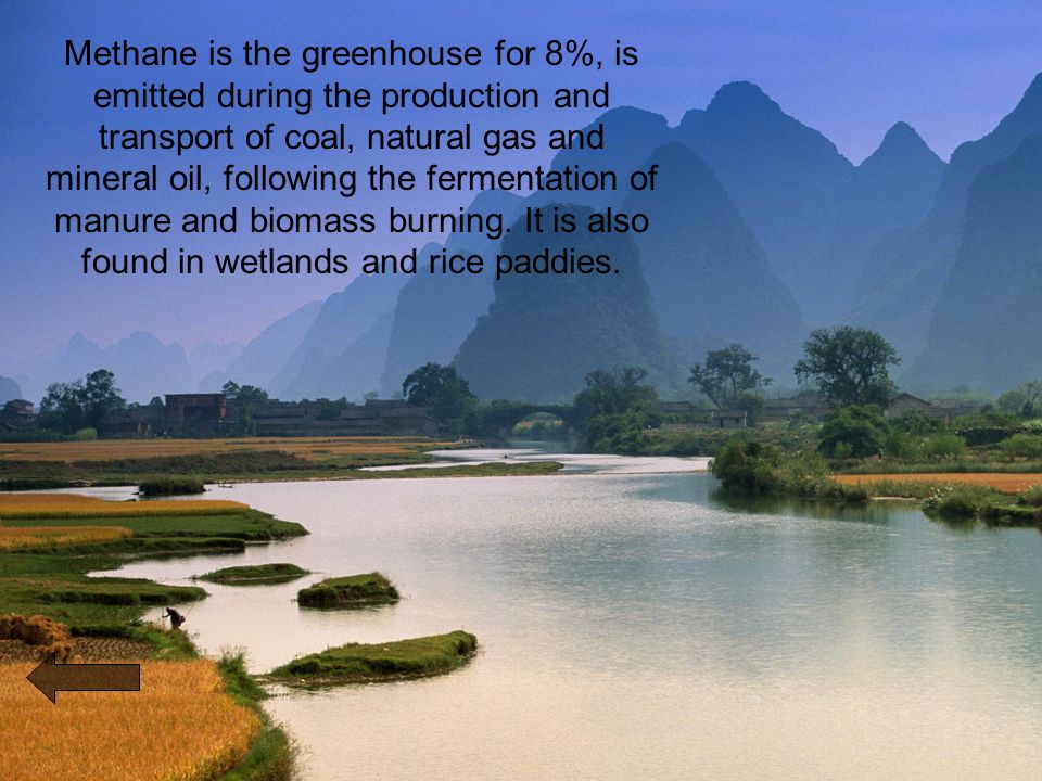 Methane is the greenhouse for 8%, is emitted during the production and transport of coal, natural gas and mineral oil, following the fermentation of manure and biomass burning.
