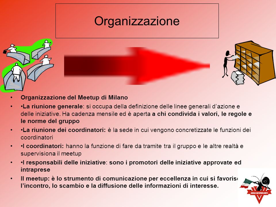 Organizzazione del Meetup di Milano La riunione generale: si occupa della definizione delle linee generali dazione e delle iniziative.
