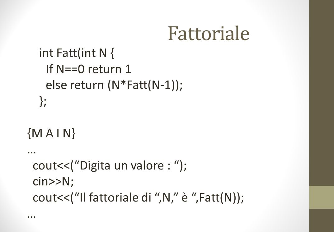 Fattoriale int Fatt(int N { If N==0 return 1 else return (N*Fatt(N-1)); }; {M A I N} … cout<<(Digita un valore : ); cin>>N; cout<<(Il fattoriale di,N, è,Fatt(N)); …