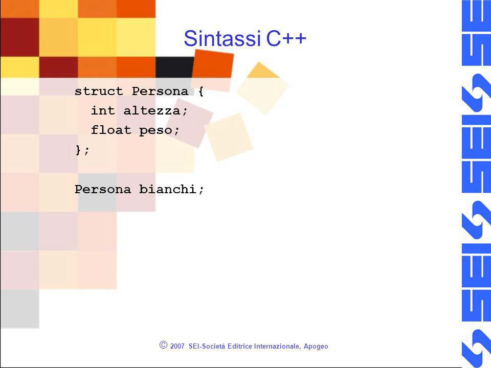 Sintassi C++ struct Persona { int altezza; float peso; }; Persona bianchi; © 2007 SEI-Società Editrice Internazionale, Apogeo