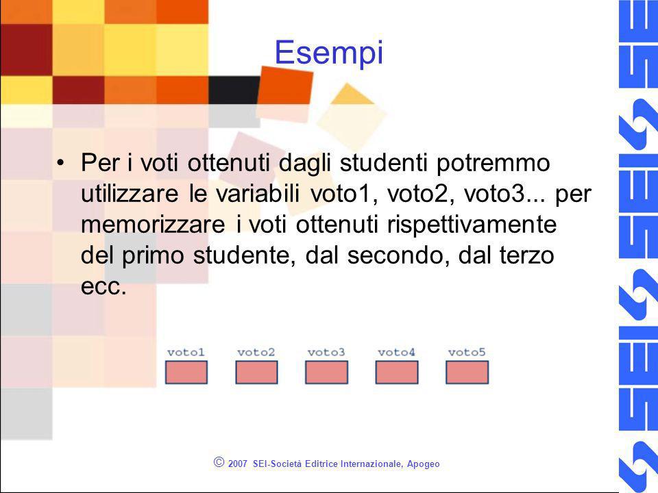 © 2007 SEI-Società Editrice Internazionale, Apogeo Esempi Per i voti ottenuti dagli studenti potremmo utilizzare le variabili voto1, voto2, voto3...