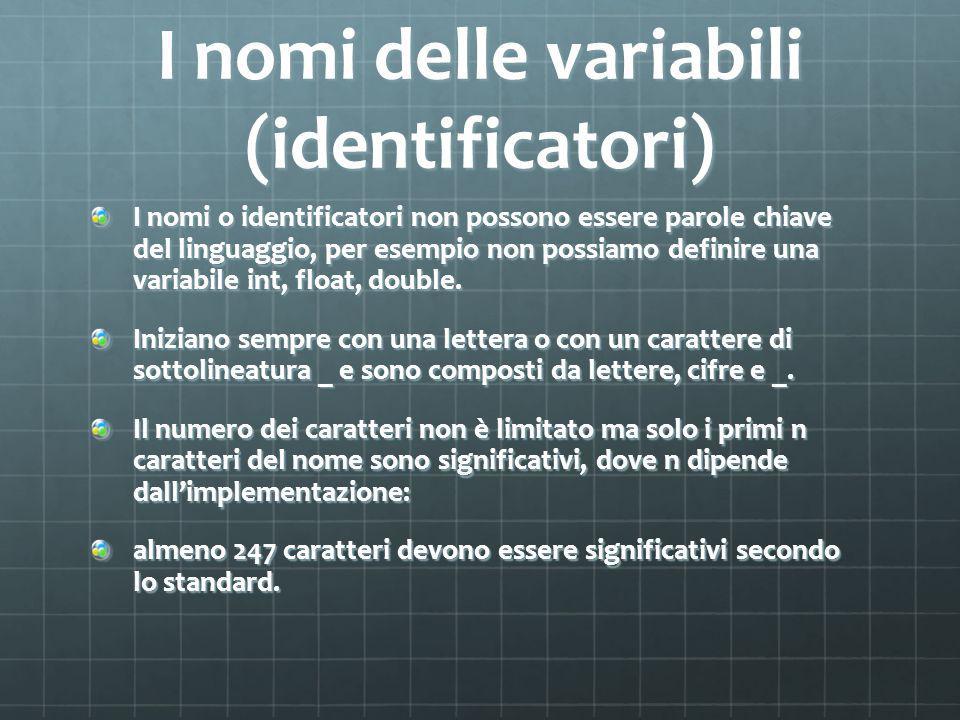 I nomi delle variabili (identificatori) I nomi o identificatori non possono essere parole chiave del linguaggio, per esempio non possiamo definire una variabile int, float, double.