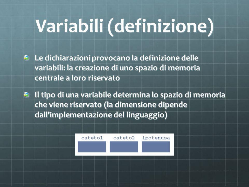 Variabili (definizione) Le dichiarazioni provocano la definizione delle variabili: la creazione di uno spazio di memoria centrale a loro riservato Il tipo di una variabile determina lo spazio di memoria che viene riservato (la dimensione dipende dallimplementazione del linguaggio)