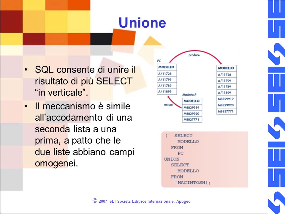 © 2007 SEI-Società Editrice Internazionale, Apogeo Unione SQL consente di unire il risultato di più SELECT in verticale.