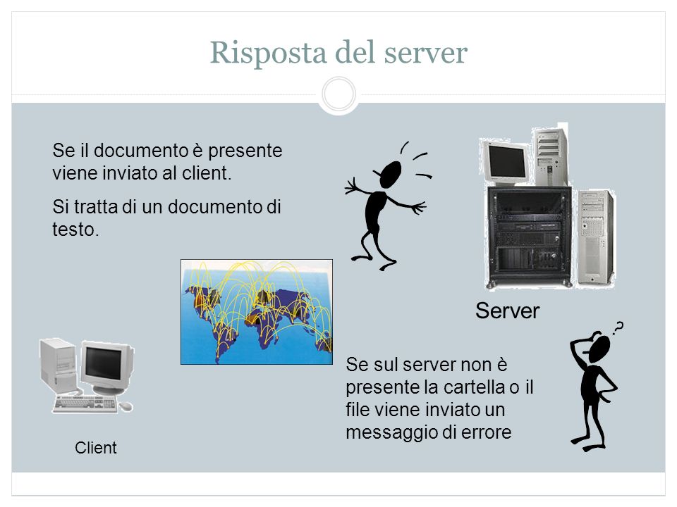 Risposta del server Client Server Se sul server non è presente la cartella o il file viene inviato un messaggio di errore Se il documento è presente viene inviato al client.