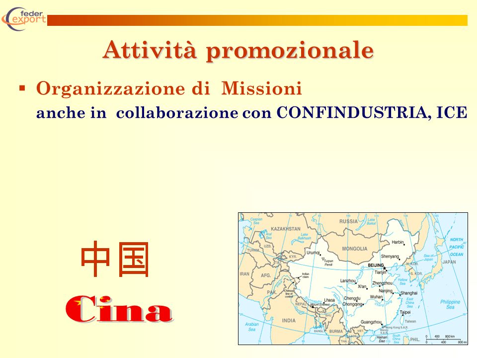 Attività promozionale Organizzazione di Missioni anche in collaborazione con CONFINDUSTRIA, ICE