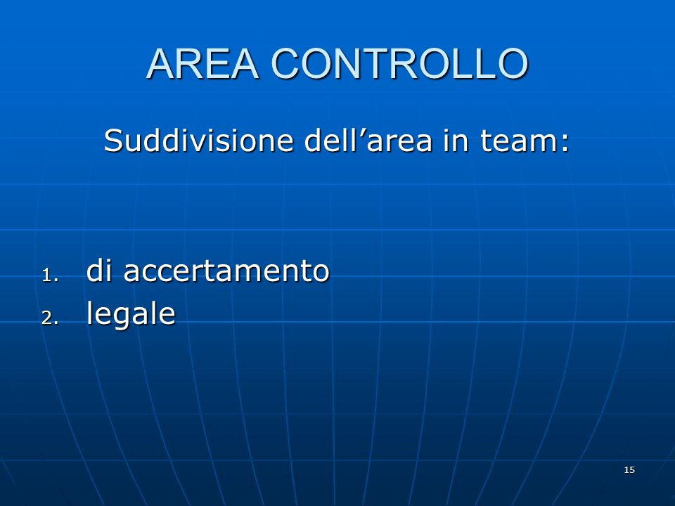 15 AREA CONTROLLO Suddivisione dellarea in team: 1. di accertamento 2. legale