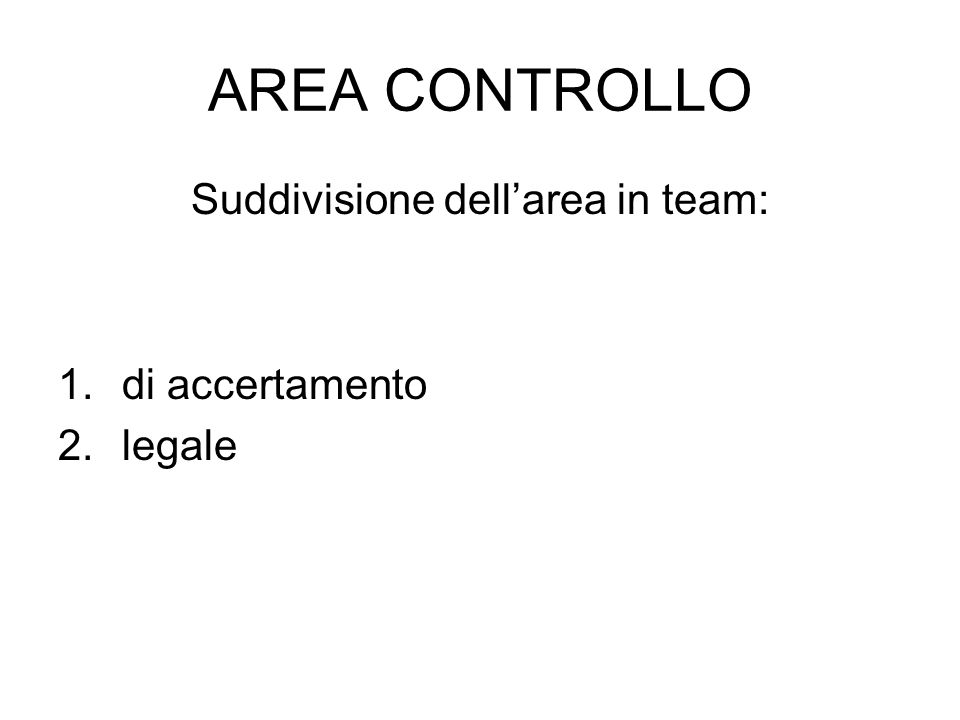 AREA CONTROLLO Suddivisione dellarea in team: 1.di accertamento 2.legale
