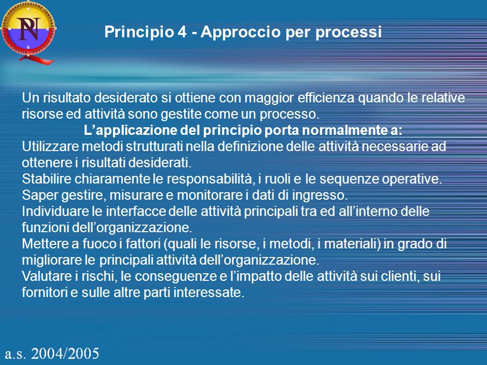Principio 4 - Approccio per processi Un risultato desiderato si ottiene con maggior efficienza quando le relative risorse ed attività sono gestite come un processo.