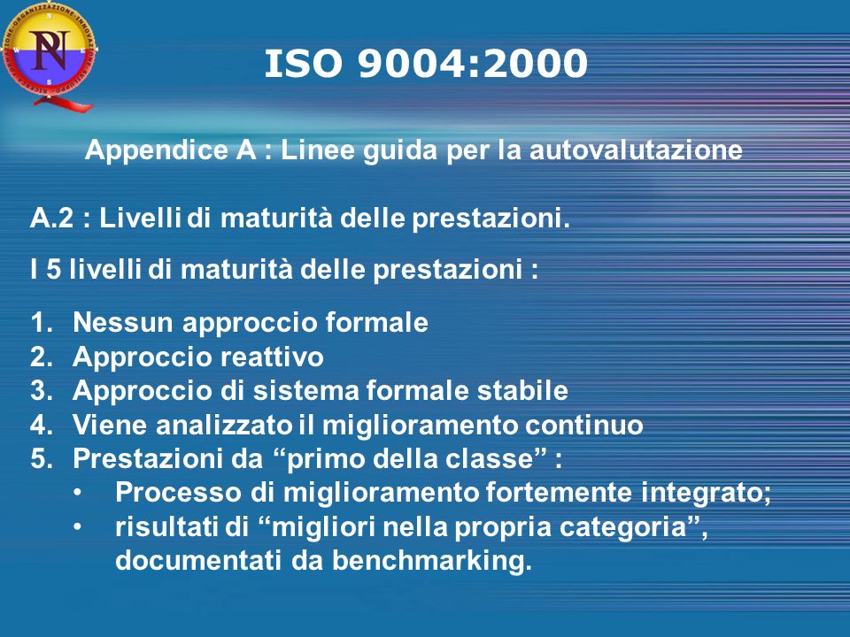 ISO 9004:2000 Appendice A : Linee guida per la autovalutazione A.2 : Livelli di maturità delle prestazioni.