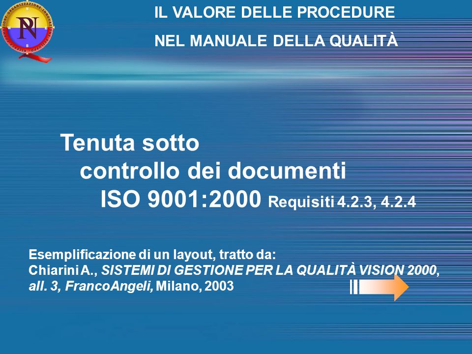 Tenuta sotto controllo dei documenti ISO 9001:2000 Requisiti 4.2.3, Esemplificazione di un layout, tratto da: Chiarini A., SISTEMI DI GESTIONE PER LA QUALITÀ VISION 2000, all.