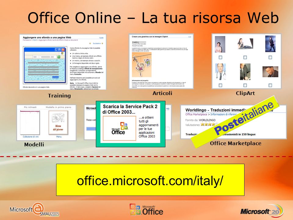 Office Online – La tua risorsa Web Modelli Training ClipArtArticoli Office Marketplace Office Update office.microsoft.com/italy/