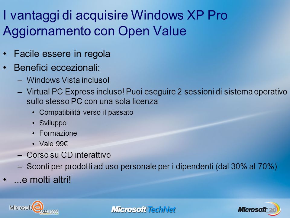 I vantaggi di acquisire Windows XP Pro Aggiornamento con Open Value Facile essere in regola Benefici eccezionali: –Windows Vista incluso.