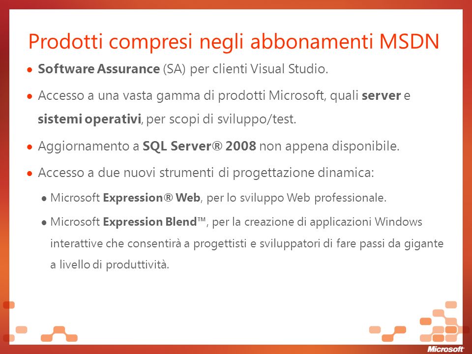 Prodotti compresi negli abbonamenti MSDN Software Assurance (SA) per clienti Visual Studio.