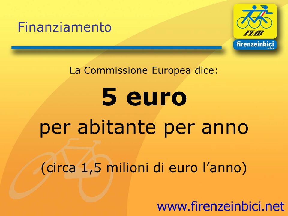 Finanziamento La Commissione Europea dice: 5 euro per abitante per anno (circa 1,5 milioni di euro lanno)