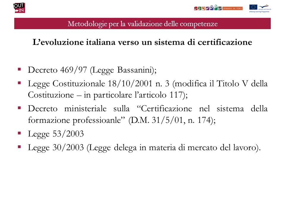 Metodologie per la validazione delle competenze Levoluzione italiana verso un sistema di certificazione Decreto 469/97 (Legge Bassanini); Legge Costituzionale 18/10/2001 n.