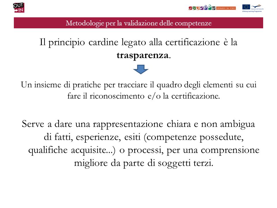 Metodologie per la validazione delle competenze Il principio cardine legato alla certificazione è la trasparenza.