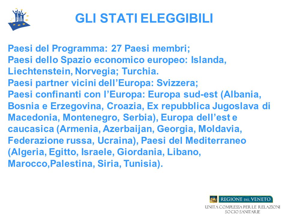 GLI STATI ELEGGIBILI Paesi del Programma: 27 Paesi membri; Paesi dello Spazio economico europeo: Islanda, Liechtenstein, Norvegia; Turchia.
