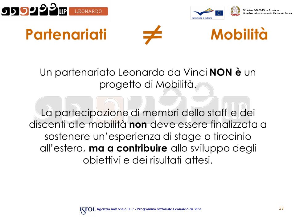 23 Partenariati Mobilità Un partenariato Leonardo da Vinci NON è un progetto di Mobilità.