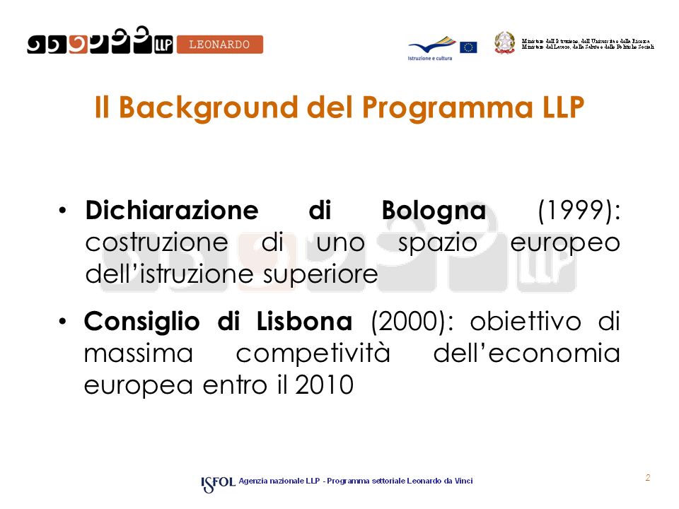 Il Background del Programma LLP Dichiarazione di Bologna (1999): costruzione di uno spazio europeo dellistruzione superiore Consiglio di Lisbona (2000): obiettivo di massima competività delleconomia europea entro il