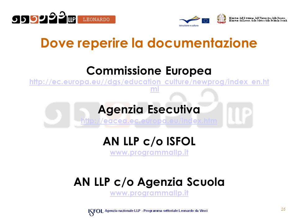 25 Dove reperire la documentazione Commissione Europea   ml Agenzia Esecutiva   AN LLP c/o ISFOL   AN LLP c/o Agenzia Scuola