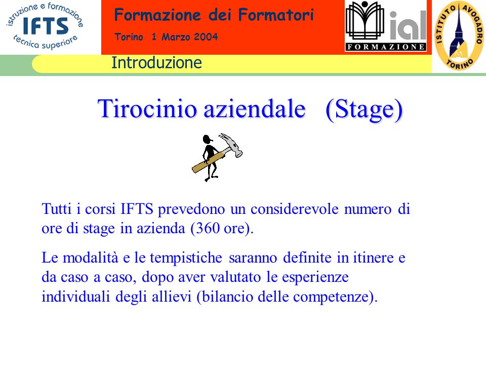 Formazione dei Formatori Torino 1 Marzo 2004 Tirocinio aziendale (Stage) Tutti i corsi IFTS prevedono un considerevole numero di ore di stage in azienda (360 ore).