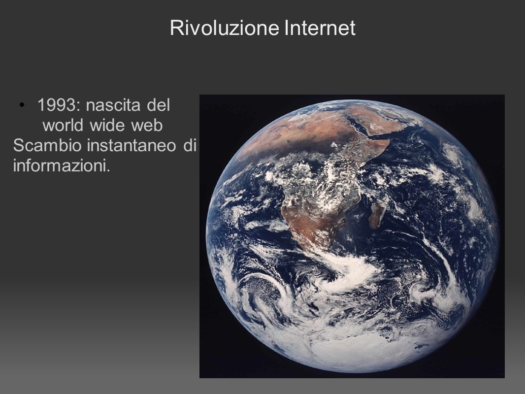 Rivoluzione Internet 1993: nascita del world wide web Scambio instantaneo di informazioni.