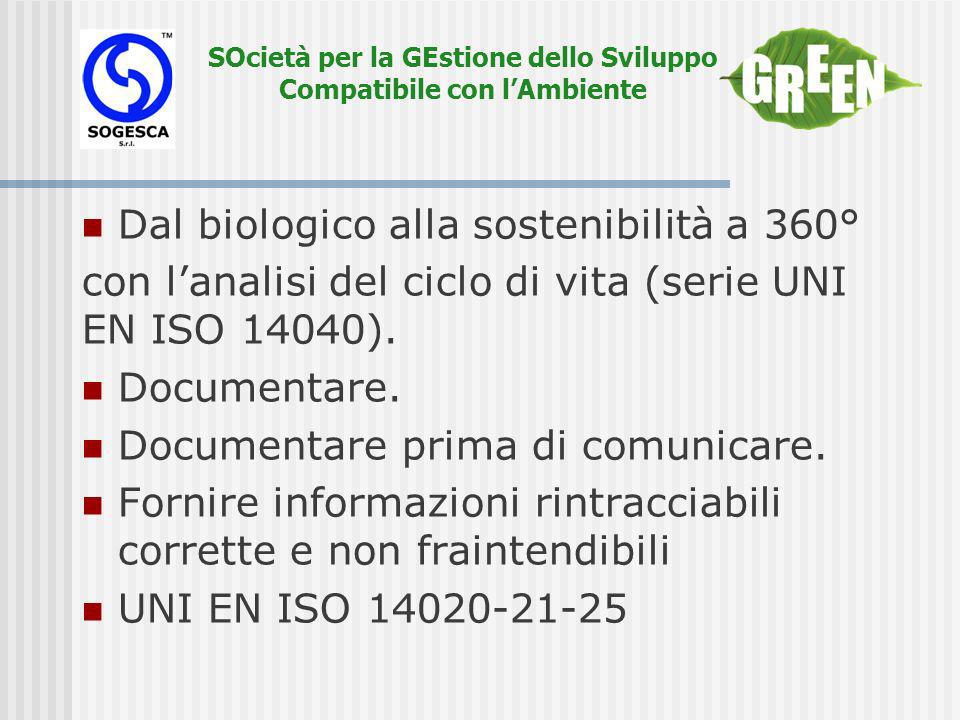 SOcietà per la GEstione dello Sviluppo Compatibile con lAmbiente Dal biologico alla sostenibilità a 360° con lanalisi del ciclo di vita (serie UNI EN ISO 14040).