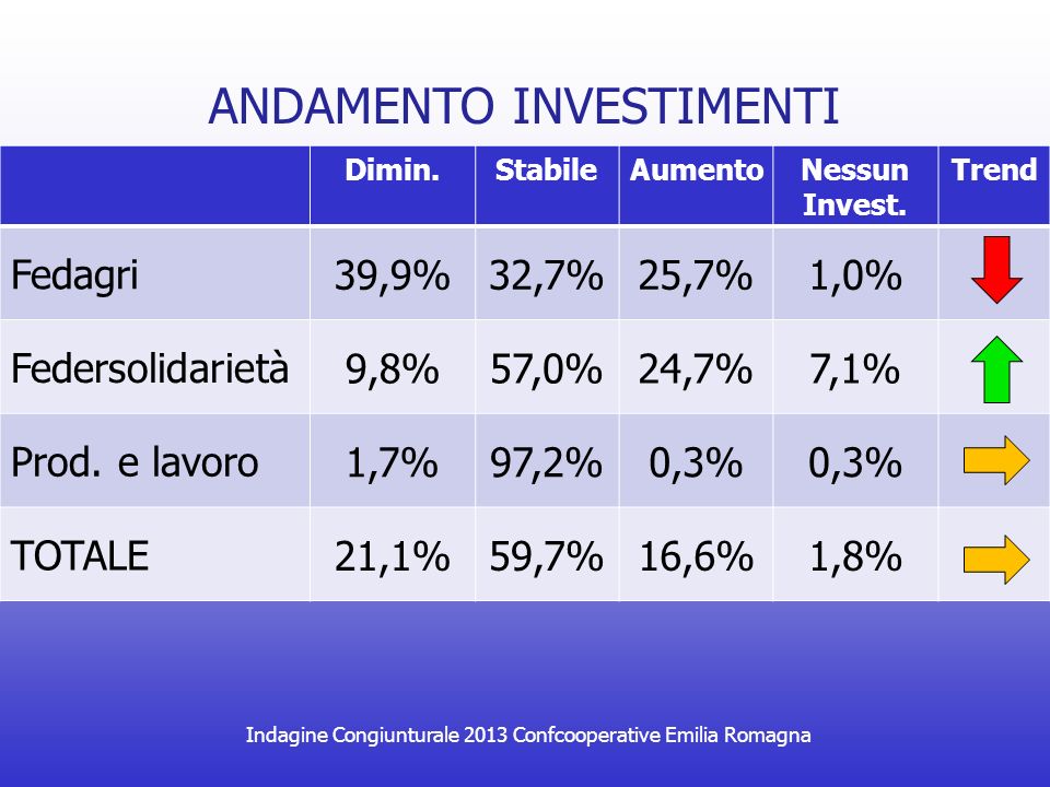 Indagine Congiunturale 2013 Confcooperative Emilia Romagna ANDAMENTO INVESTIMENTI Dimin.StabileAumentoNessun Invest.