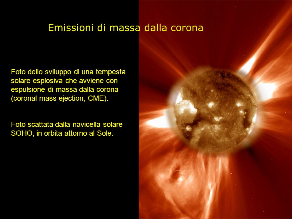 Emissioni di massa dalla corona Foto dello sviluppo di una tempesta solare esplosiva che avviene con espulsione di massa dalla corona (coronal mass ejection, CME).