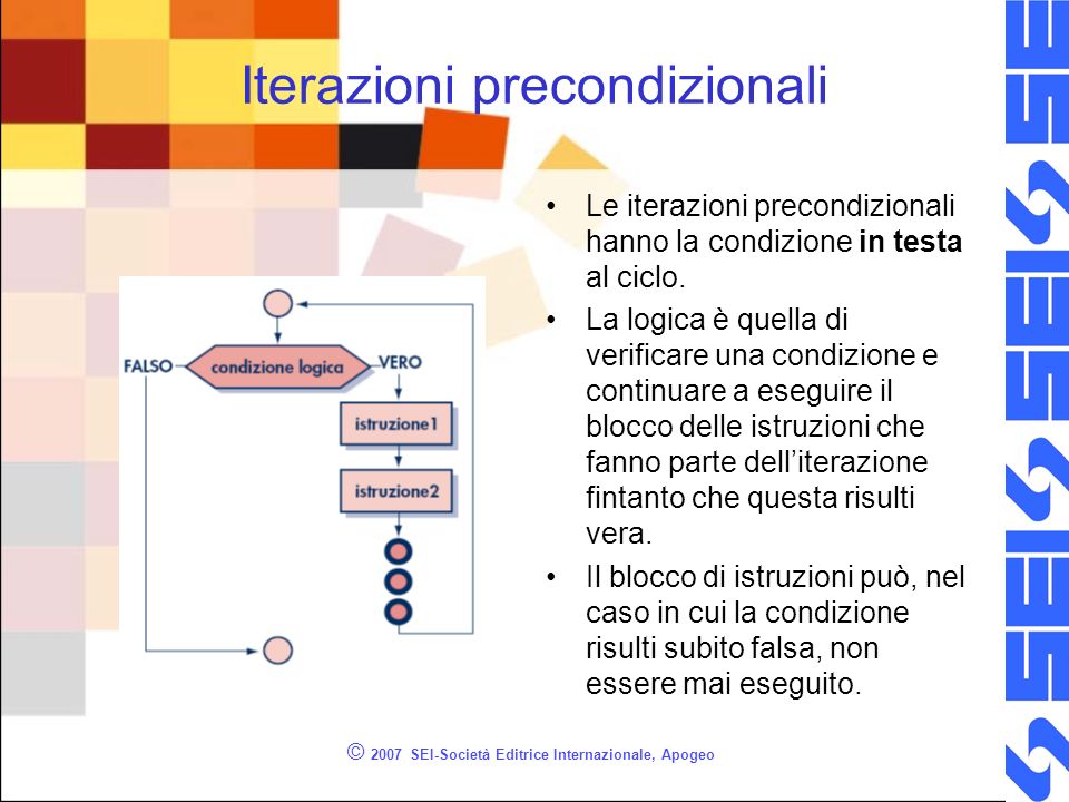 © 2007 SEI-Società Editrice Internazionale, Apogeo Iterazioni precondizionali Le iterazioni precondizionali hanno la condizione in testa al ciclo.