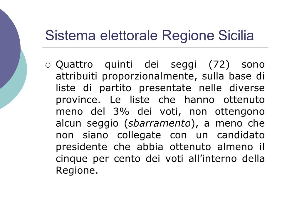 Sistema elettorale Regione Sicilia Quattro quinti dei seggi (72) sono attribuiti proporzionalmente, sulla base di liste di partito presentate nelle diverse province.