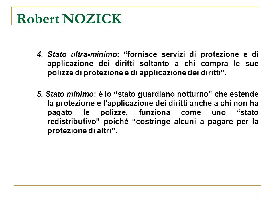 5 Robert NOZICK 4.Stato ultra-minimo: fornisce servizi di protezione e di applicazione dei diritti soltanto a chi compra le sue polizze di protezione e di applicazione dei diritti.