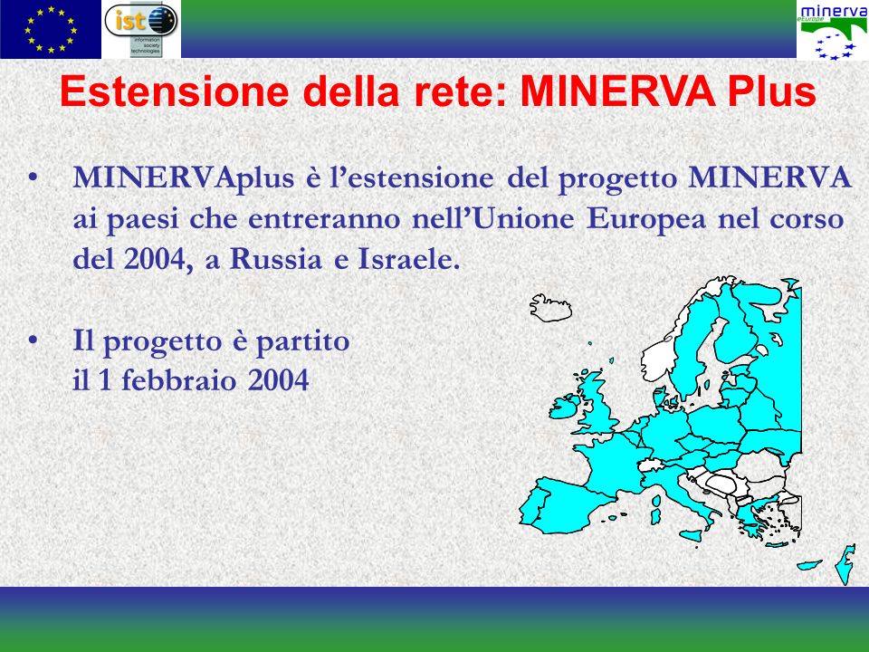 Estensione della rete: MINERVA Plus MINERVAplus è lestensione del progetto MINERVA ai paesi che entreranno nellUnione Europea nel corso del 2004, a Russia e Israele.