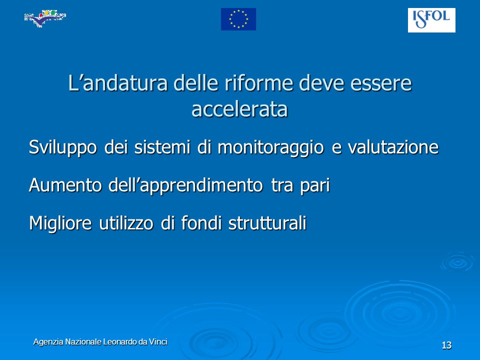 Agenzia Nazionale Leonardo da Vinci 13 Landatura delle riforme deve essere accelerata Sviluppo dei sistemi di monitoraggio e valutazione Aumento dellapprendimento tra pari Migliore utilizzo di fondi strutturali
