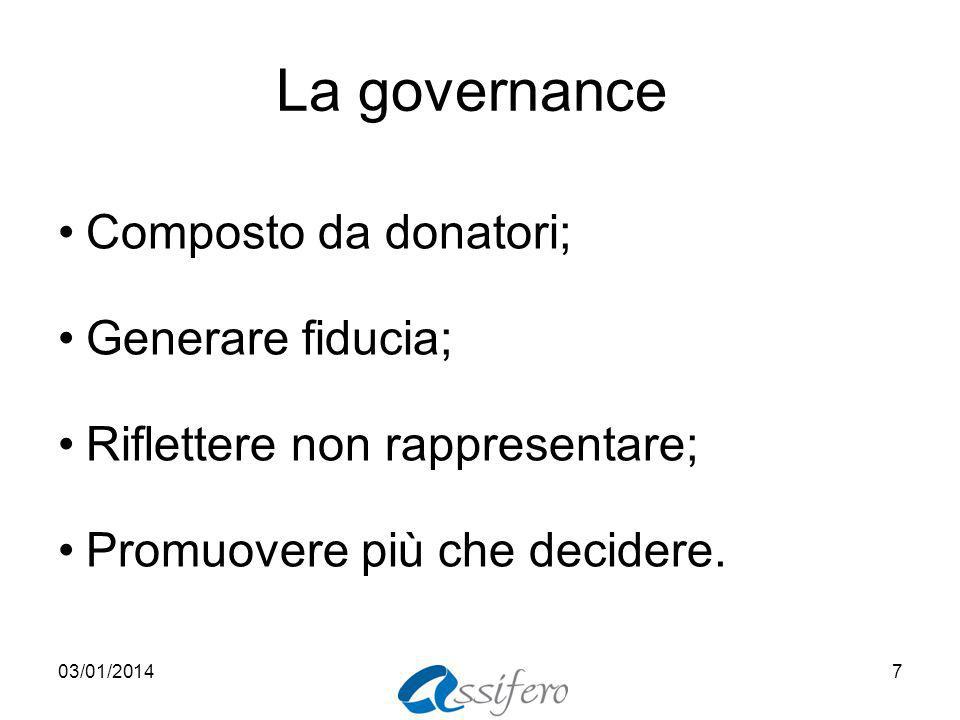 La governance Composto da donatori; Generare fiducia; Riflettere non rappresentare; Promuovere più che decidere.