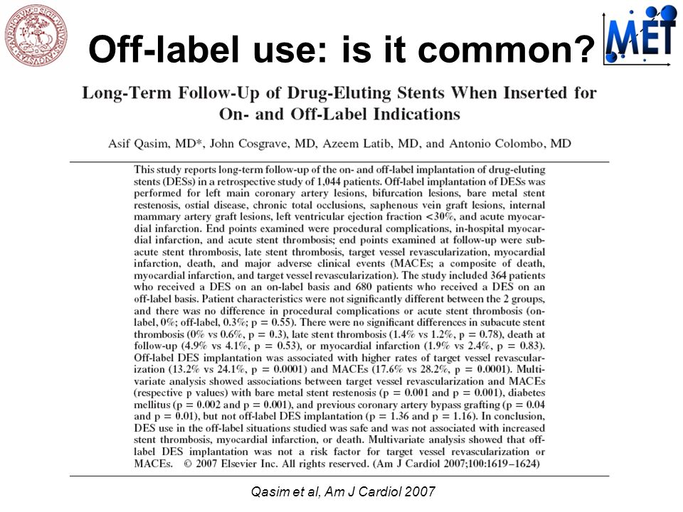Off-label use: is it common Qasim et al, Am J Cardiol 2007