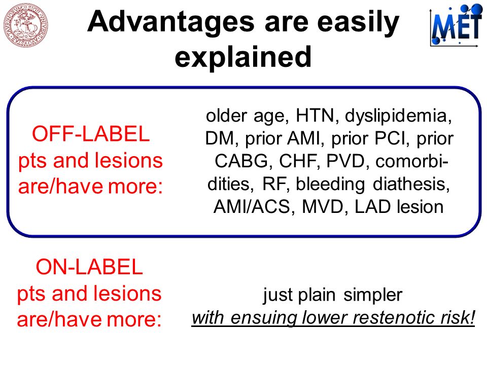Advantages are easily explained ON-LABEL pts and lesions are/have more: OFF-LABEL pts and lesions are/have more: older age, HTN, dyslipidemia, DM, prior AMI, prior PCI, prior CABG, CHF, PVD, comorbi- dities, RF, bleeding diathesis, AMI/ACS, MVD, LAD lesion just plain simpler with ensuing lower restenotic risk!
