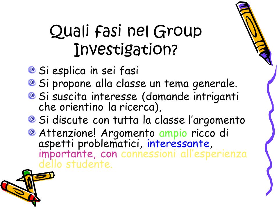 Quali fasi nel Group Investigation. Si esplica in sei fasi Si propone alla classe un tema generale.