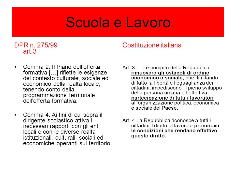 Scuola e Lavoro DPR n. 275/99 art.3 Comma 2.