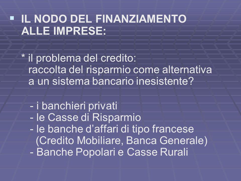 IL NODO DEL FINANZIAMENTO ALLE IMPRESE: * il problema del credito: raccolta del risparmio come alternativa a un sistema bancario inesistente.